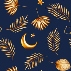 Fototapeta na wymiar Watercolor seamless pattern with golden pampas grass, date palm branches, crescent moon, star illustration isolated on background. Botanical and wedding and Ramadan Kareem or Eid Al Adha 2024 hand