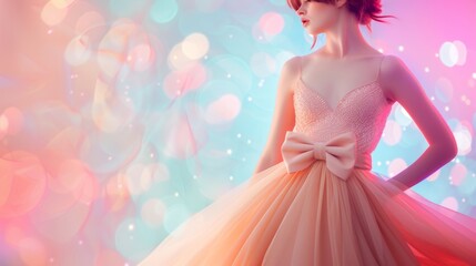 Fashionable woman in a flowing peach dress and sunglasses against a bokeh background. Great for fashion and lifestyle.
