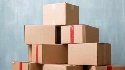 Pile of cardboard boxes in an indoor setting with a textured wall, representing moving, storage, or delivery services.