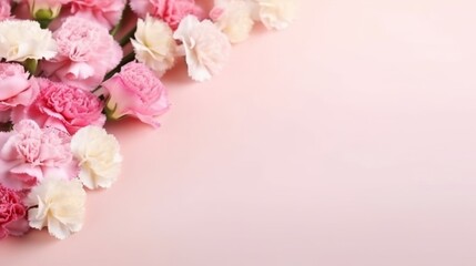 Obraz premium Delicate white and pink carnations with buds on a soft pink background, ideal for gentle, floral themes.