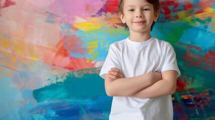 Smiling child in white t-shirt, standing against an abstract colorful background, suitable for creative or educational uses.