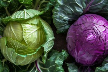 Obraz premium Fresh organically grown green and red cabbage. Healthy and diet concept. Generative AI