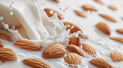 Fototapeta na wymiar almond nuts splashed by white milk, creating a dynamic food concept, alternative vegan milk