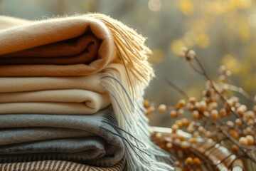 Stack of wool or cashmere blankets. Autumn and winter concept. Generative AI