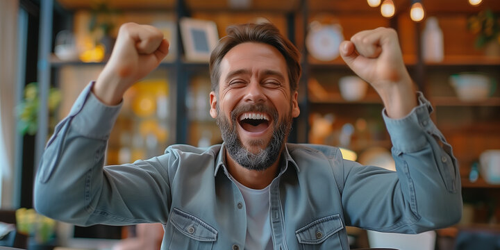 Euphoric Victory: Man Celebrating Success with Arms Raised. Captivating image of a man celebrating a win, ideal for themes of achievement and happiness.