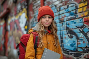 A close-up of a smiling child holding a school book against a backdrop of graffiti-covered walls. Concept of educational opportunities. Generative Ai.