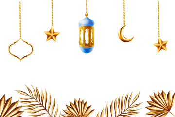 Watercolor banner, template with illustrations of golden pampas grass, date palm branch, Islamic arabian golden crescent moon and lantern in a chain isolated on white background. Muslim hand drawn