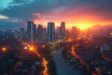 Fototapeta premium A city skyline during both day and night, illustrating the transformation of urban landscapes with changing light conditions. Concept of diurnal contrast. Generative Ai.