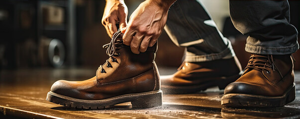 Man hands cleaning leather shoe - obrazy, fototapety, plakaty