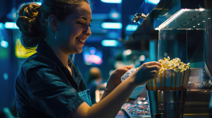 A young Woman working in the cafeteria of a movie theater falls holding a box of Popcorn to customers.