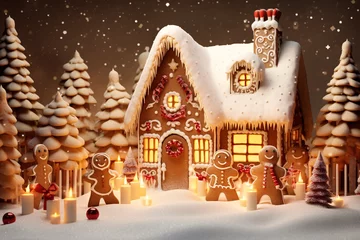 Foto op Canvas gingerbread house with gingerbread men and candles in front of trees and snow © Serghei11