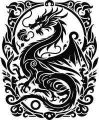 Fototapeta premium dragon silhouette flowers ornament decoration, floral vector design
