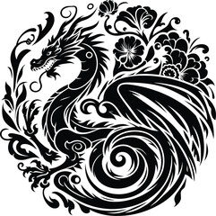 dragon silhouette flowers ornament decoration, floral vector design