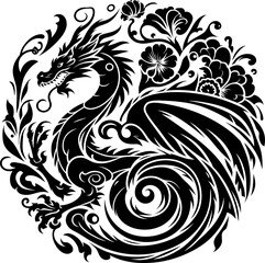 Fototapeta premium dragon silhouette flowers ornament decoration, floral vector design