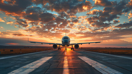 Commercial airplane on runway at sunrise with dramatic sky.