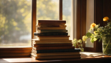 Ciepłe światło na stosie książek - spokój i inspiracja przy oknie