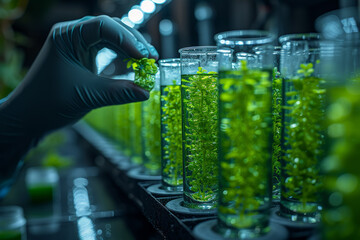 Scientists examining algae cultures for the development of biofuel alternatives in a laboratory setting. Concept of biofuel innovation. Generative Ai. - obrazy, fototapety, plakaty