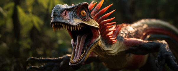 Dinosaurus portrait with open mouth. Dilophosaurus