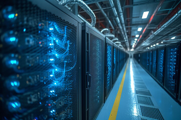 Engineers fine-tuning energy-efficient cooling systems for data centers, promoting sustainable practices in the tech industry. Concept of green data centers. Generative Ai.