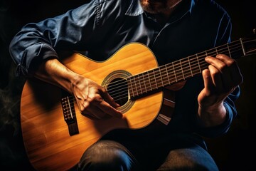 Obraz premium Cute girl guitar play music sound. Adult model female pretty beauty. Generate Ai