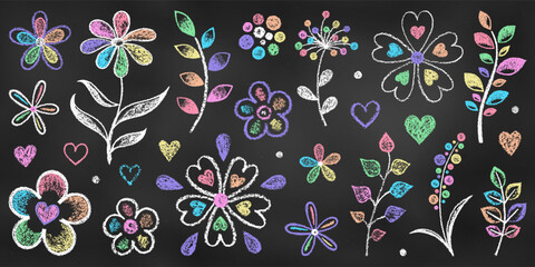 Realistic Chalk Drawn Sketch. Set of Design Elements Rainbow Flowers, Leaves, Hearts,  Isolated on Chalkboard Backdrop.