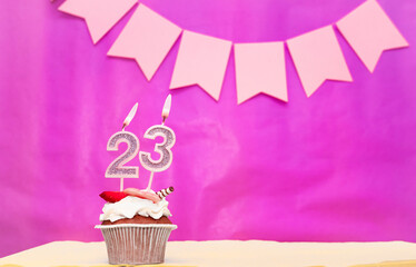 Background date of birth with number  23. Pink background with a cake and burning candles, save space, happy birthday anniversary for a girl. Holiday pudding muffin.