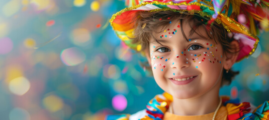 Children's carnival birthday. Exuberant child in festive gear with confetti, colorful hat, and sunglasses at a fun-filled carnival birthday party	
