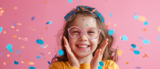 Birthday girl. Joyful Party Vibes - Little Girl with Confetti.Ecstatic young girl in a beret and sunglasses, laughing amidst a shower of colorful confetti, pink background.