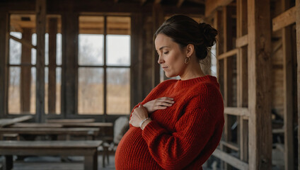 Ciepły portret oczekującej matki w czerwonym swetrze - obrazy, fototapety, plakaty