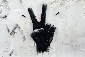Grunge graffiti on a wall with two fingers painted in black. Spray painted graffiti of hand gesture V sign for victory
