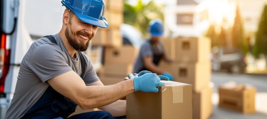 Skilled moving team unloading packages from van outdoors as part of moving service operation.
