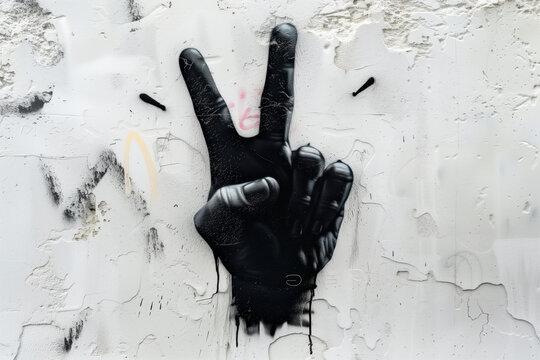 Grunge graffiti on a wall with two fingers painted in black. Spray painted graffiti of hand gesture V sign for victory