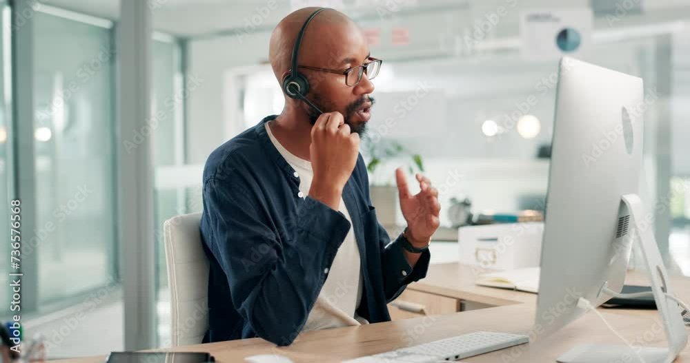 Poster help desk, advice and phone call with black man, headset and consultant at customer service agency. 