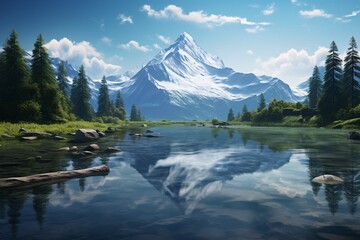 a lake with a mountain in the background - obrazy, fototapety, plakaty