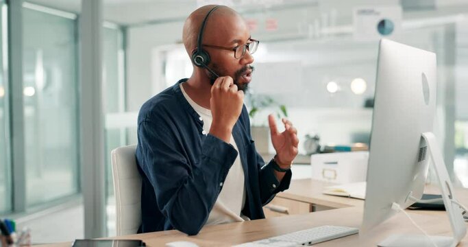 Help desk, advice and phone call with black man, headset and consultant at customer service agency. Tech support, telemarketing and virtual assistant at callcenter with conversation at crm office.