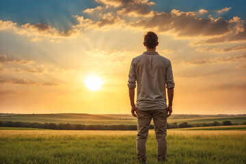 man standing looking at sunrise looking forward to the future with hope