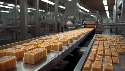 Nowoczesna linia produkcyjna cukierków karmelowych w fabryce - obrazy, fototapety, plakaty