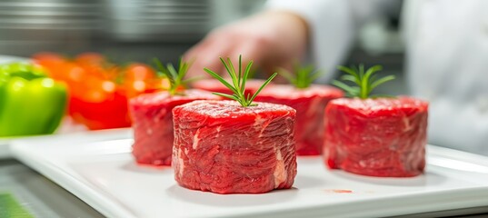 Skilled chef cooking beef steak with veggies in restaurant kitchen, space for text placement