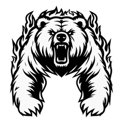 Vector illustration depicting an angry bear with a grinning mouth. Fierce bear. Drawing of a bear for a logo, print for a T-shirt, website, poster. Design element. Tattoo.