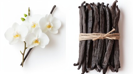 Vanilla pods and orchid flower isolated on white background for culinary and aromatherapy use