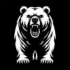 Vector illustration depicting an angry bear with a grinning mouth. Fierce bear. Drawing of a bear for a logo, print for a T-shirt, website, poster. Design element. Tattoo.