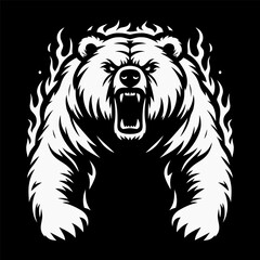 Vector illustration depicting an angry bear with a grinning mouth. Fierce bear. Drawing of a bear for a logo, print for a T-shirt, website, poster. Design element. Tattoo.