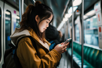 woman looking at her phone while waiting on the subway