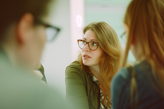 business meeting portrait of a woman with glasses and talking