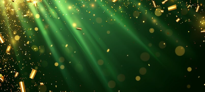 Abstract blur bokeh banner background with gold bokeh on defocused emerald green background
