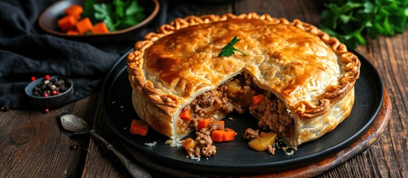 A meat pie made with minced beef, vegetables, and seasoning, served on a black plate on a wooden table.