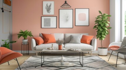 Stylish living room interior with a peach wall, modern furniture, and elegant decor. Ideal for design and lifestyle concepts.