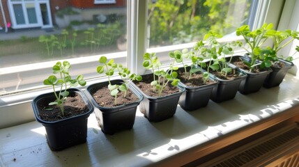 Young tomato seedlings growing in pots on a windowsill, bathed in sunlight. Ideal for gardening and sustainability topics.