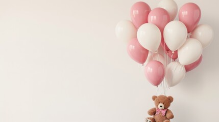 Teddy bear hanging from pink and white balloons against a pink background, symbolizing celebrations, birthdays, or children's themes.