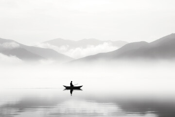 Fototapeta na wymiar Lonely Man in Boat on Lake Against Mountains, Black and White Colors